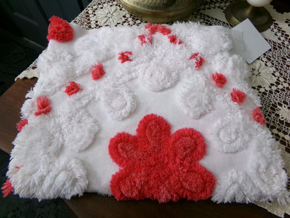 Roses in Snow Vintage Chenille Fabric, Red & White Plush Swirl 18" x 21" Inch Piece