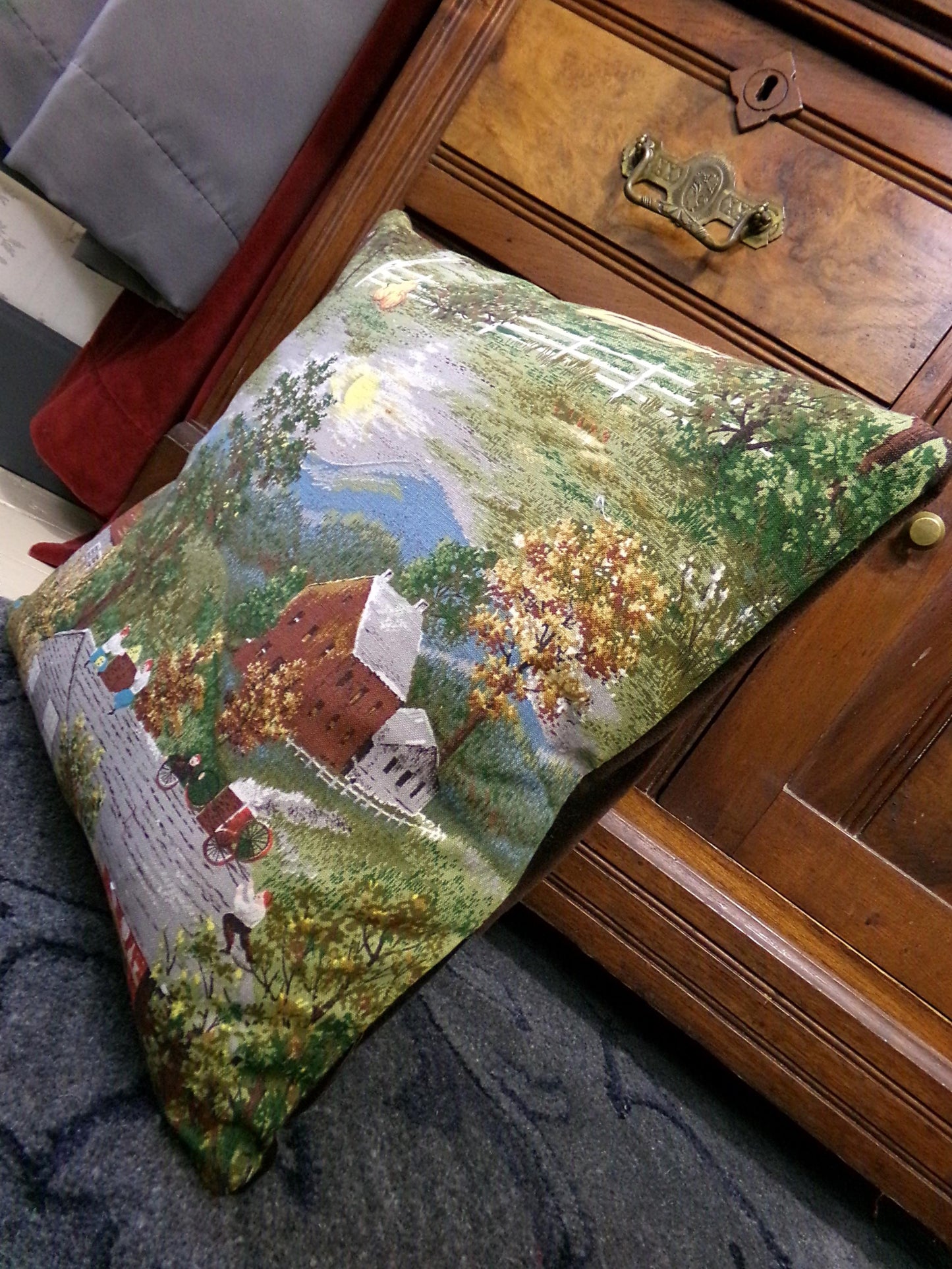 Vintage Barkcloth Pillow Grandma Moses Halloween Folk Art w/ Velvet Back Handmade Americana