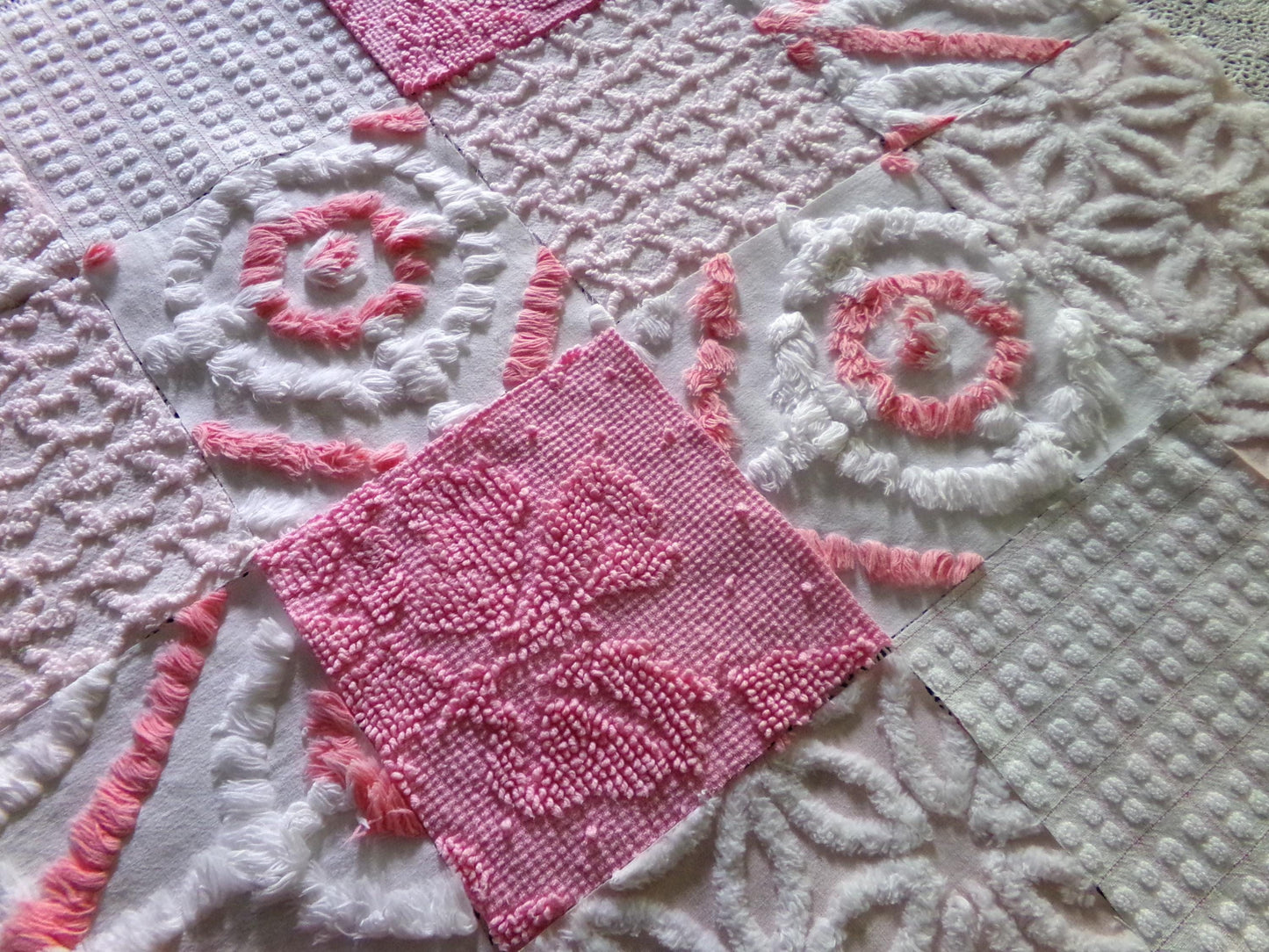 cottage pink & white chenille fabric squares, 16 pretty vintage 6" quilt blocks in girly colors, daisies, dots, squiggle textures