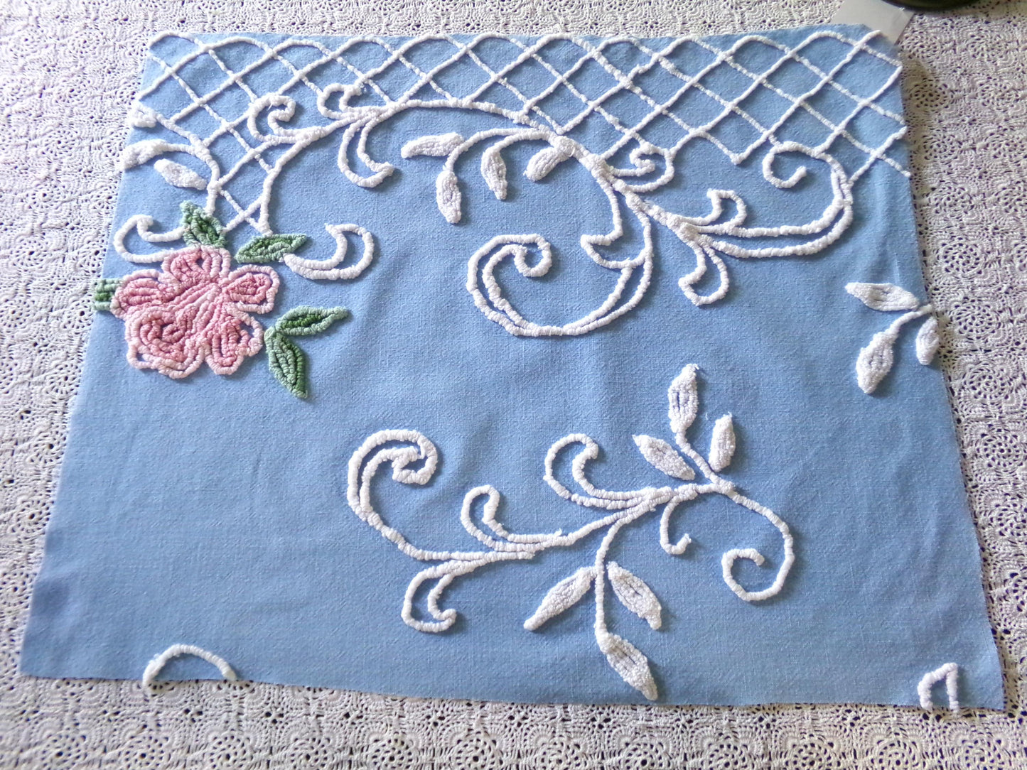 shabby chic pink rose vintage chenille fabric, pretty blue background, dainty white scrollwork, 18" x 22" piece of sewing material