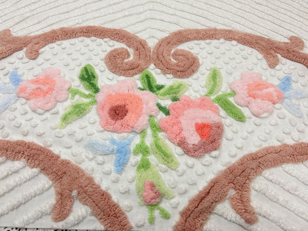 Vintage Floral Chenille Fabric, 22x24" Antique Sewing Textile