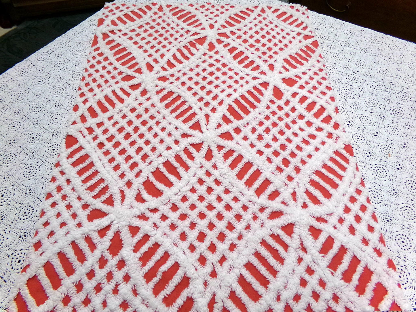 Vintage Red Chenille Fabric, White Geometric 17x24" Quilt Material