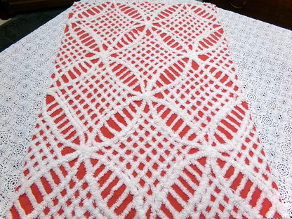 Vintage Red Chenille Fabric, White Geometric 17x24" Quilt Material