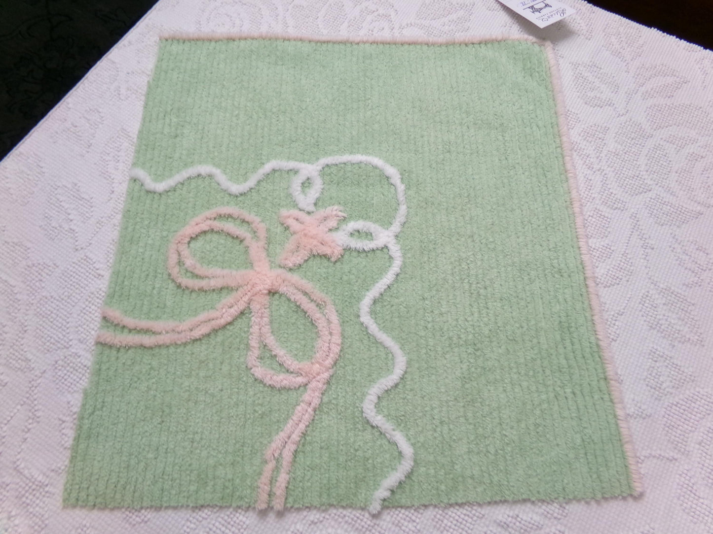 Soothing Mint Green Vintage Chenille Fabric Pink Lily Bow, 17" x 18"