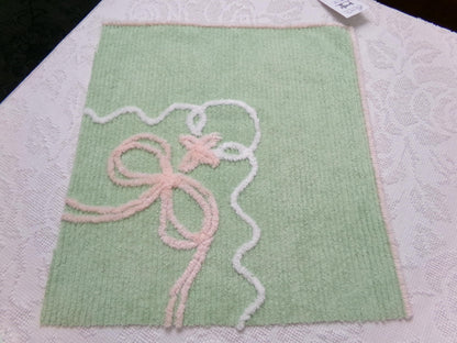 Soothing Mint Green Vintage Chenille Fabric Pink Lily Bow, 17" x 18"