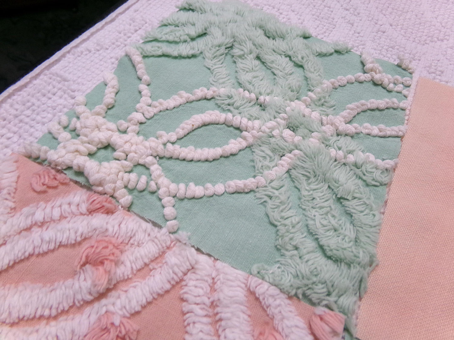 vintage chenille fabric squares, "garden lady" peach & green florals, set of 16 quilt blocks 6" each