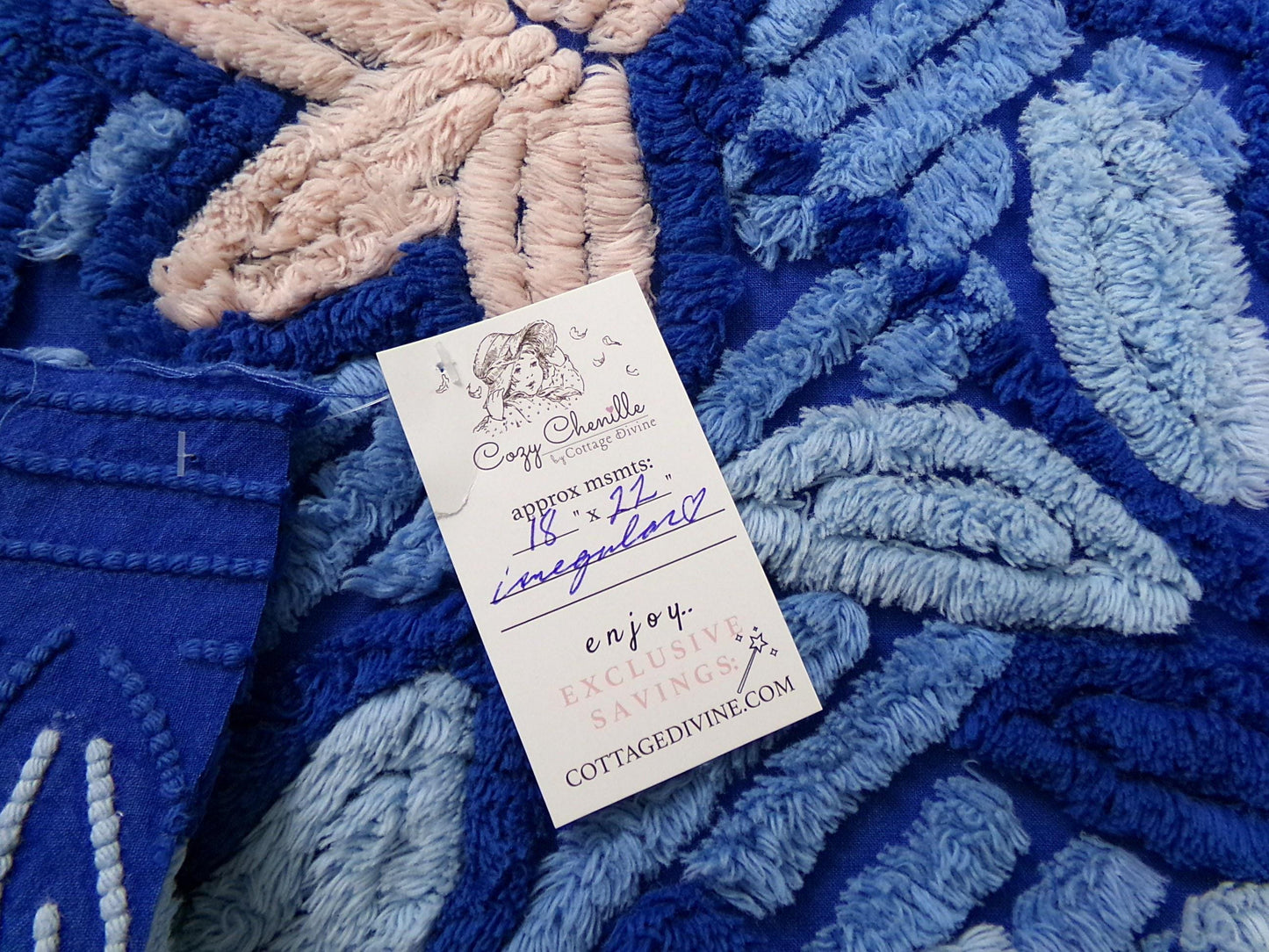 Midnight Blue Vintage Chenille Fabric, dramatic floral sewing craft quilt material, 18" x 22" piece