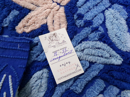 Midnight Blue Vintage Chenille Fabric, dramatic floral sewing craft quilt material, 18" x 22" piece