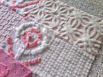 cottage pink & white chenille fabric squares, 16 pretty vintage 6" quilt blocks in girly colors, daisies, dots, squiggle textures