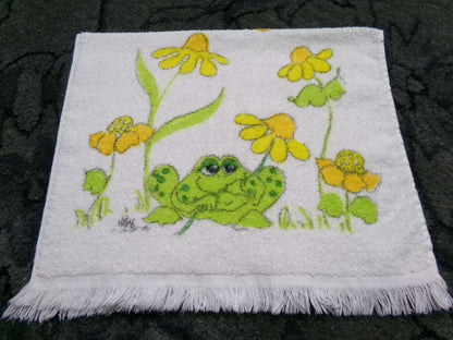 Vintage Frog Towel 1970s Boho Cannon Kitchen Hand Terry Towel 14X24" w/ Fringe