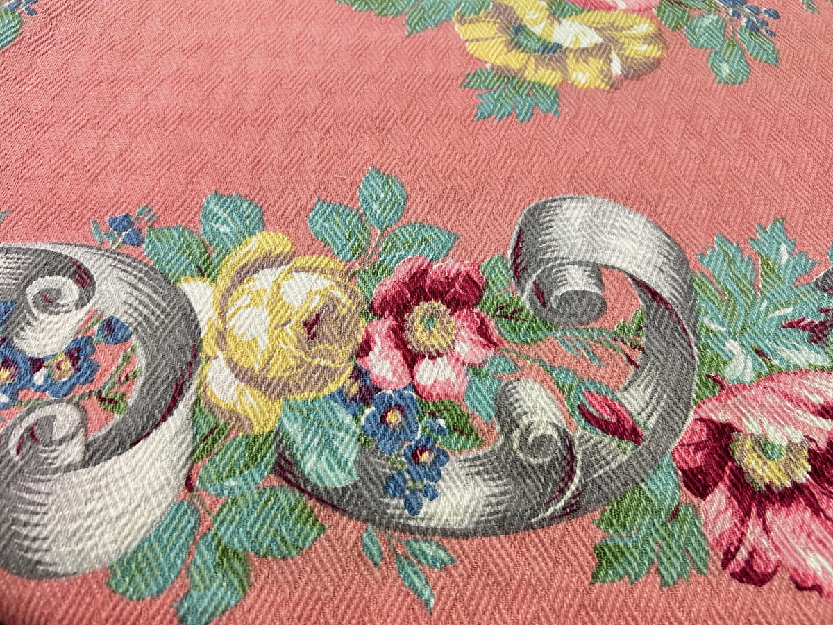 Cabbage Rose Vintage Barkcloth Fabric, Mauve Pink 28x33" Quilt & Craft Panel