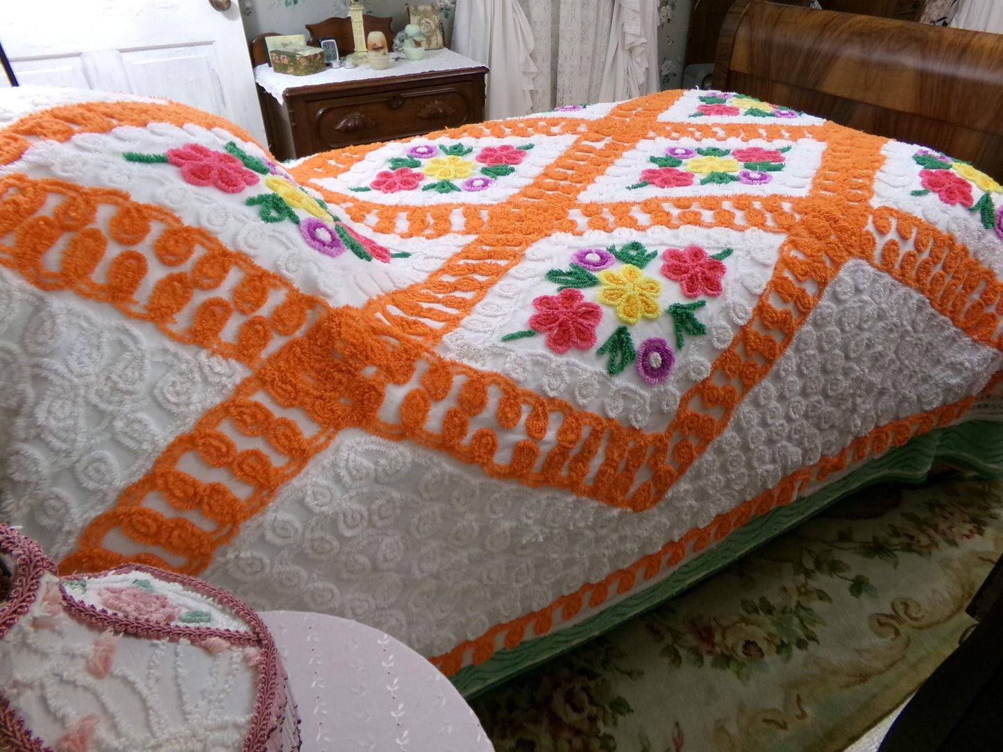 diamond citrus vintage chenille bedspread, plush large floral design in colorful orange & white, full size cotton bedding