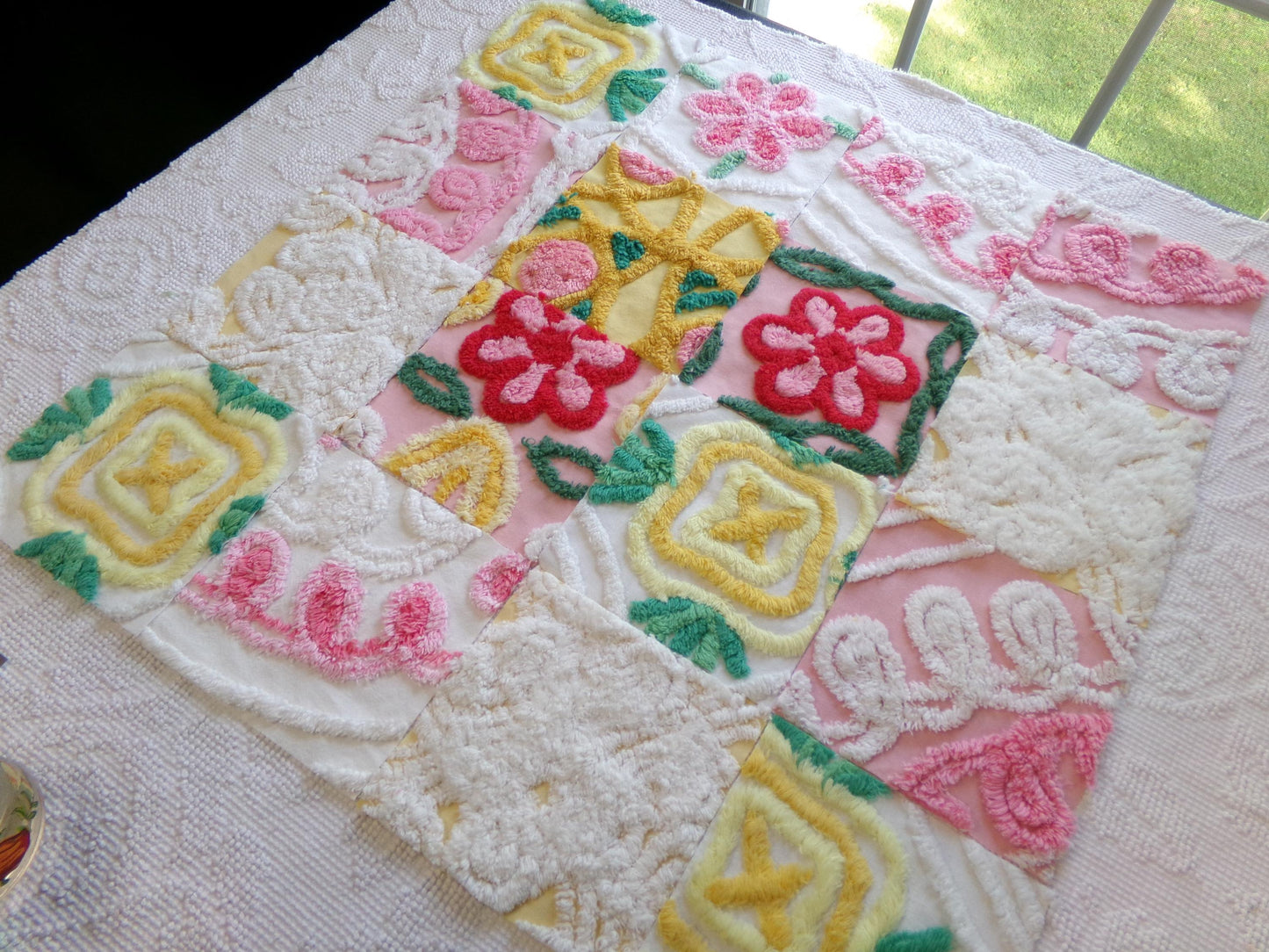 summer fresh vintage chenille fabric squares, set of 16 whimsy floral 6" quilt blocks for crafts, sewing, diy pillow covers