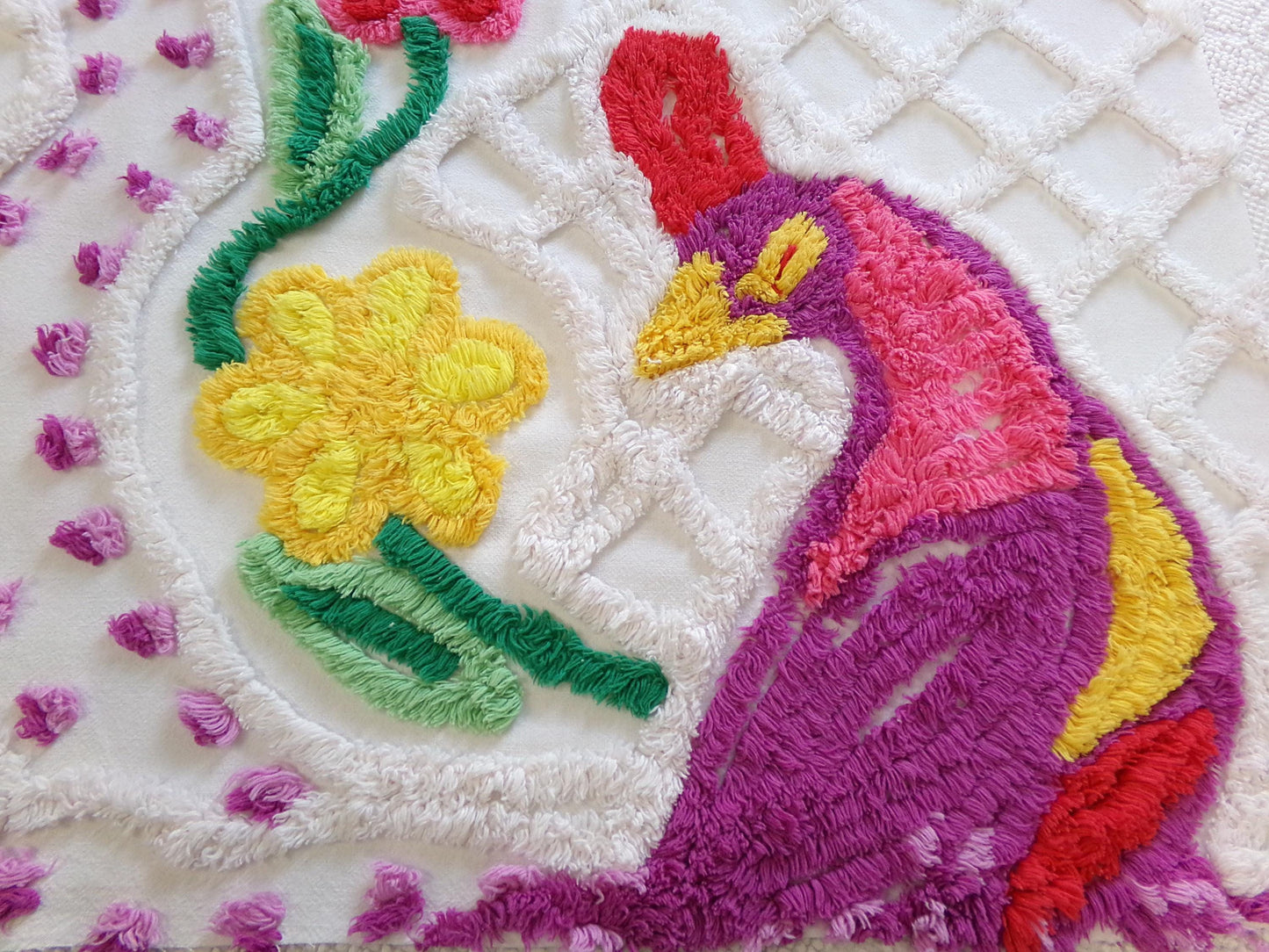 colorful peacock vintage chenille fabric piece, 19" x 25" panel, great for wallhanging or quilt inlay