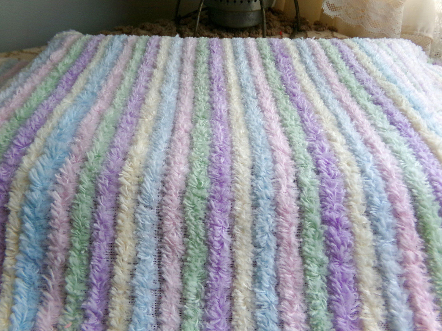Pastel Rainbow Stripes Vintage Chenille Fabric, 18" x 24" inch Piece, Pretty in DIY Pillows, Handmade Quilts