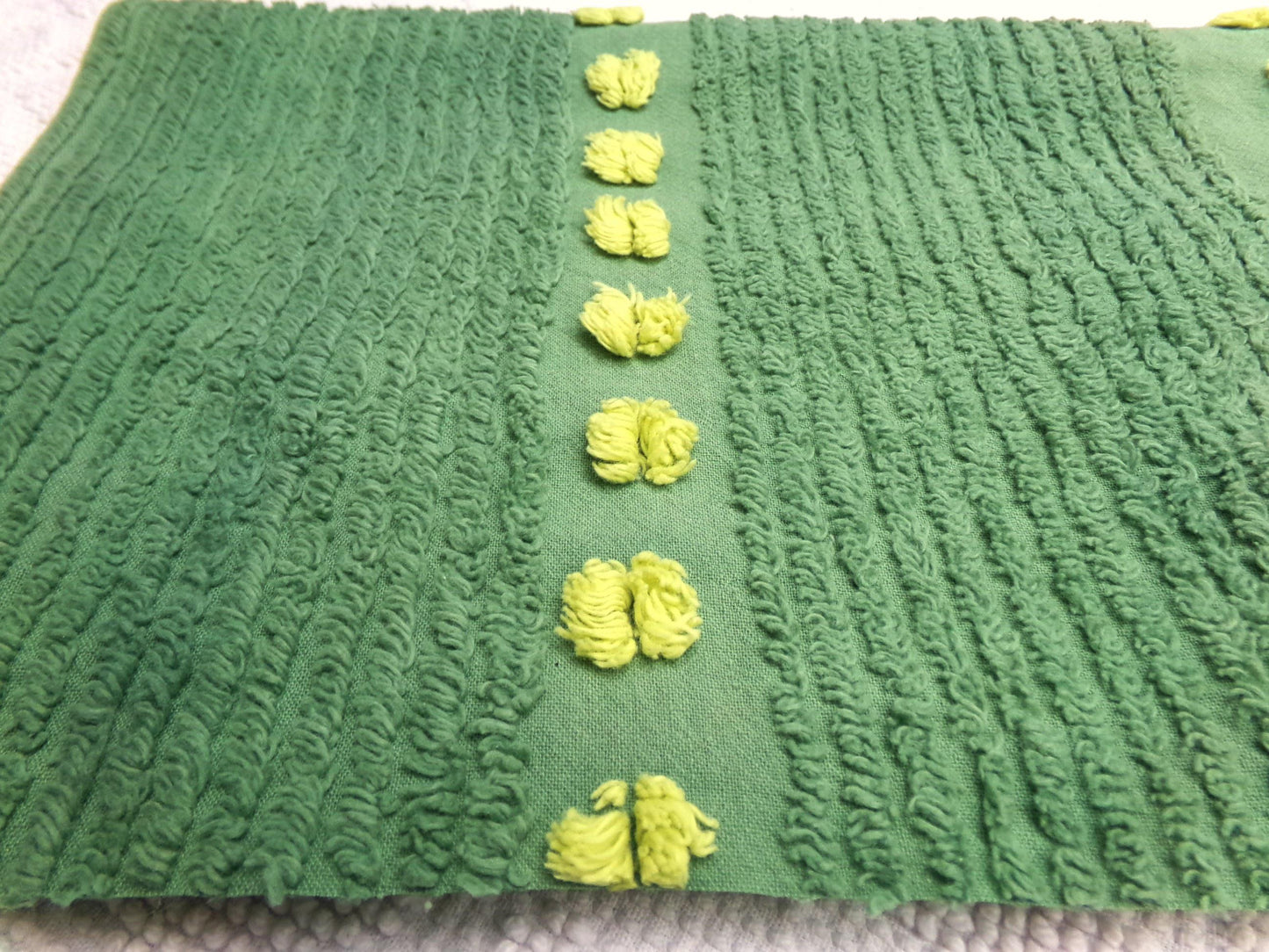 Goblin Green Vintage Chenille Bedspread Fabric Piece | Sewing Quilt Material 17" x 25"