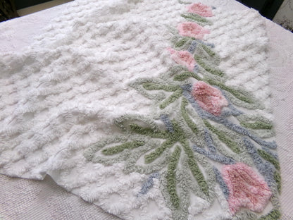 climbing tulips vintage chenille fabric in plush pink & white offset floral trellis design, 26" x 24" piece of sewing material