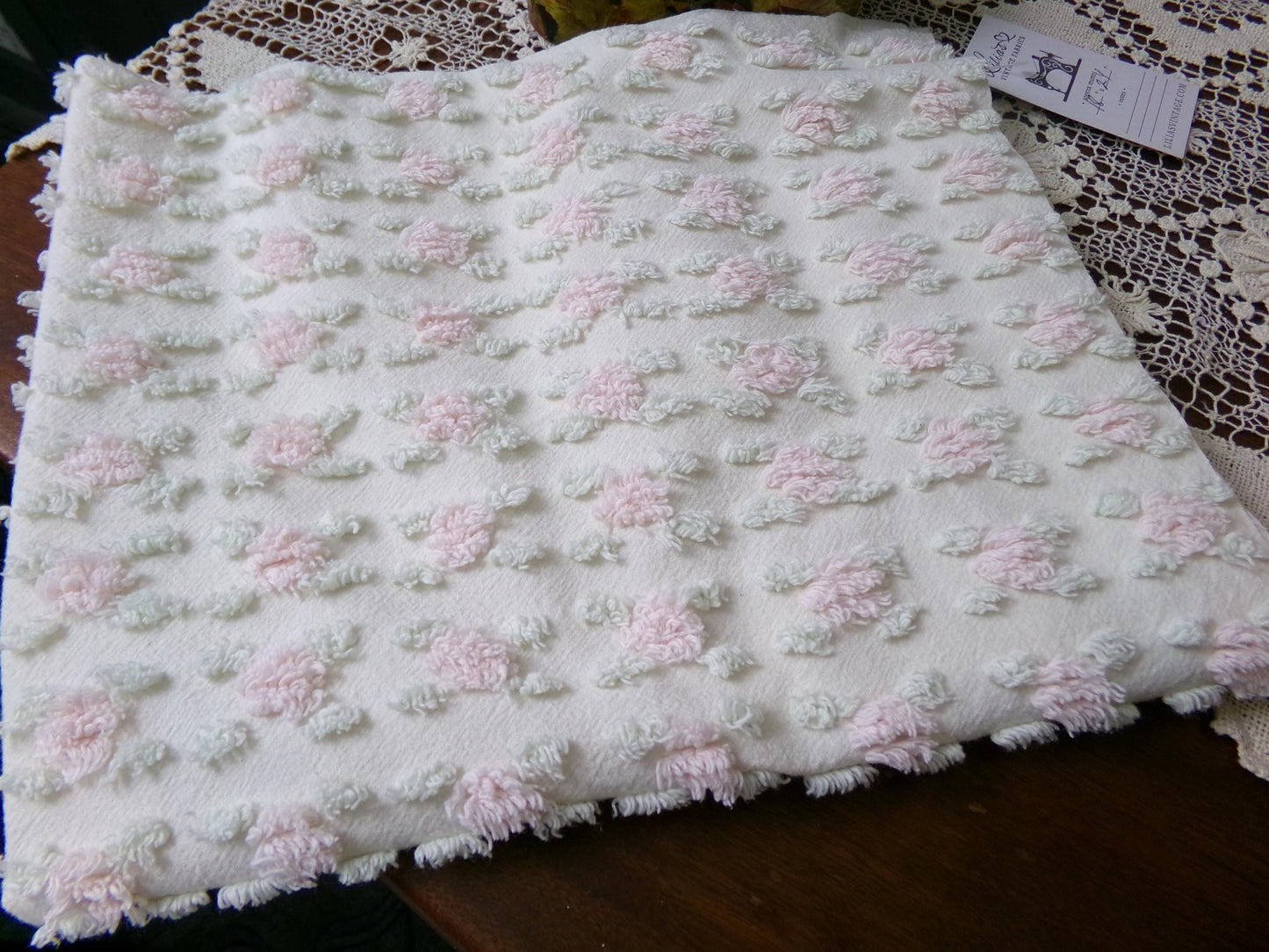 Creamy Vanilla Pink Rosebud Vintage Chenille Bedspread Fabric, 18 x 24"