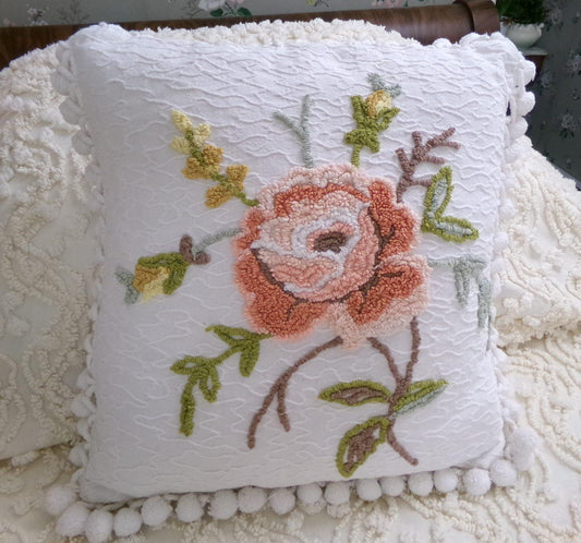 Vintage Handmade Chenille Accent Pillow Natural Cabbage Rose Matlasse Shabby Chic Decor