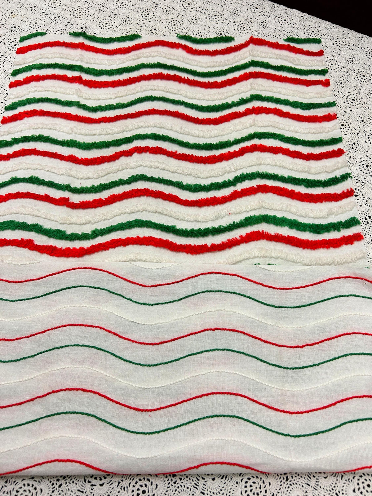 Vintage Christmas Chenille Fabric, Red, Green & White Ripple Stripe 16x27"