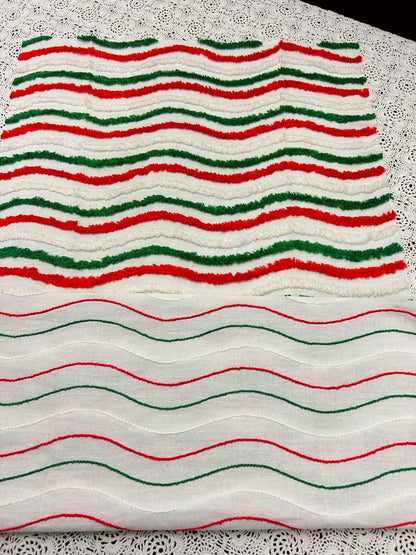 Vintage Christmas Chenille Fabric, Red, Green & White Ripple Stripe 16x27"