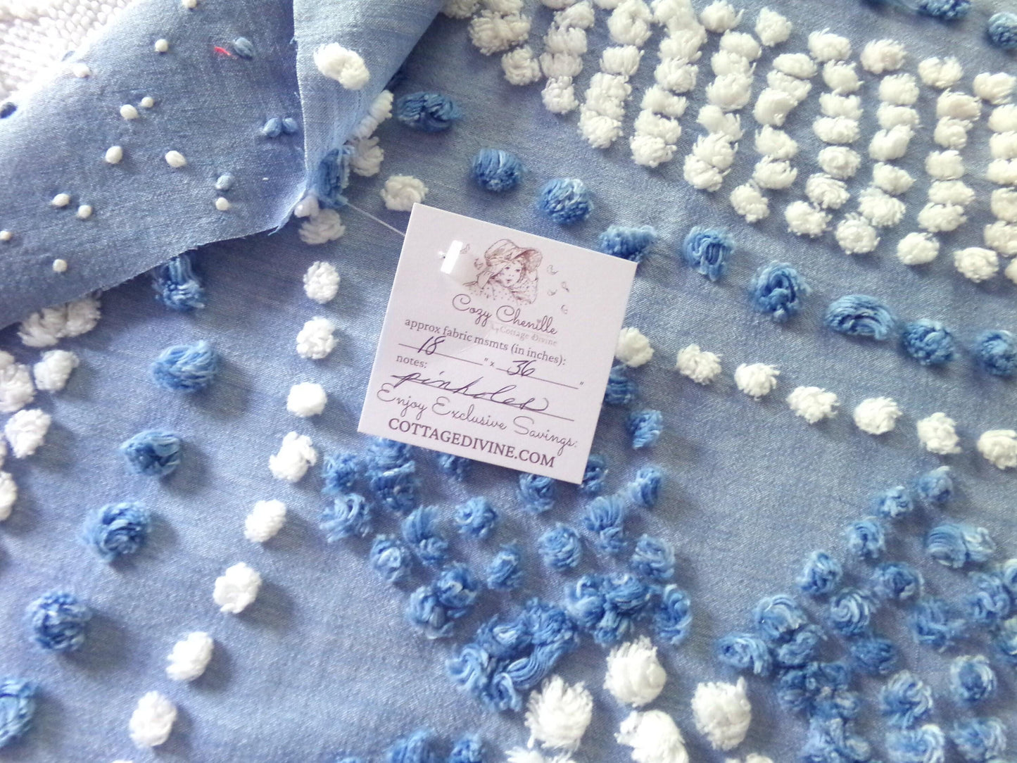 Shabby Beach Chic Vintage Chenille Fabric, Handmade Candlewick Blue & White Bow Design, 18" x 36" cut piece of cotton sewing material