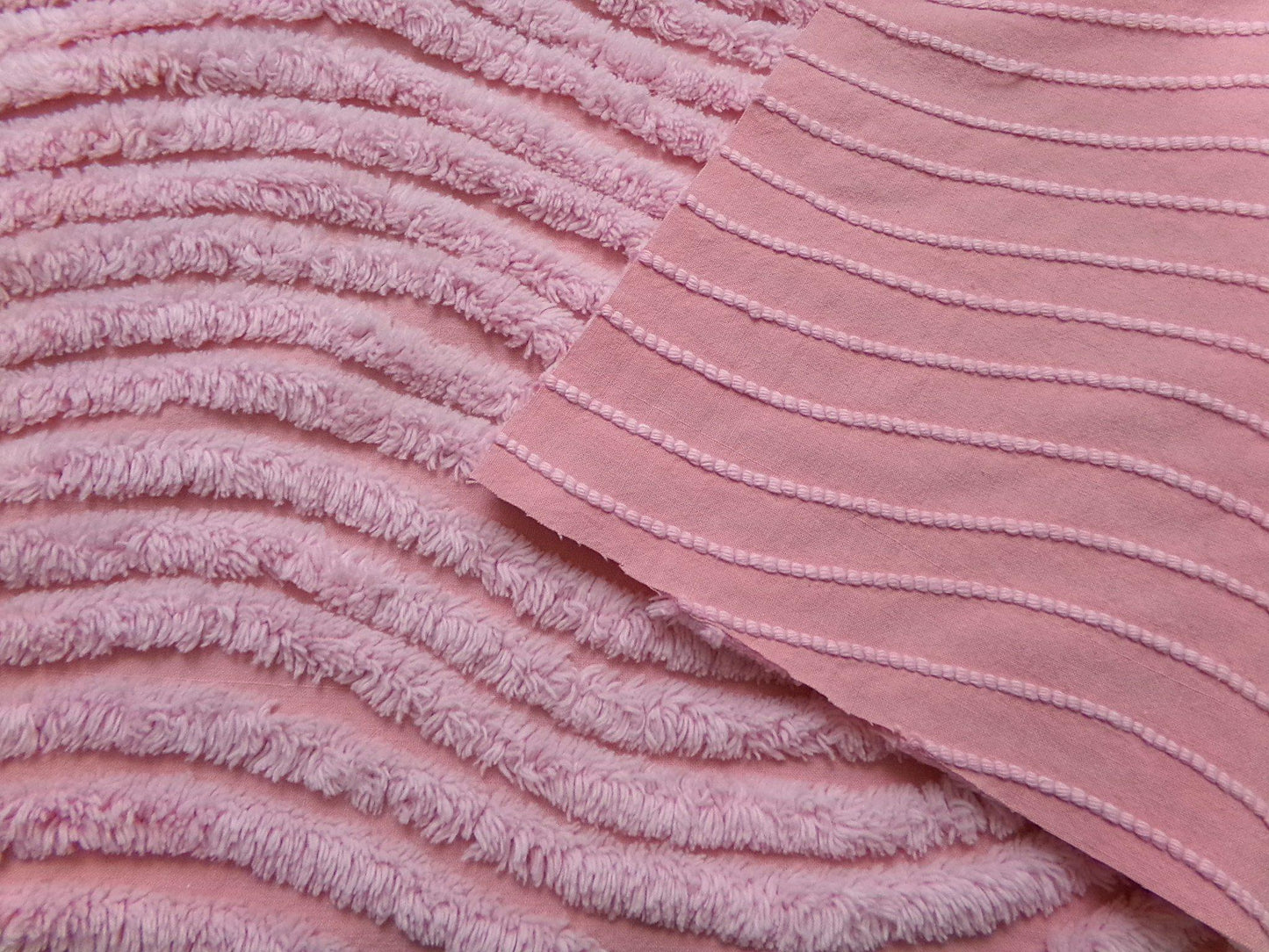 cotton candy pink vintage chenille bedspread fabric ultra plush ripple tufts 19" x 22"