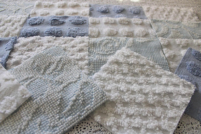vintage chenille fabric squares, set of 16 coastal blue & white 6" quilt blocks for patchwork pillows, quilting, crafts