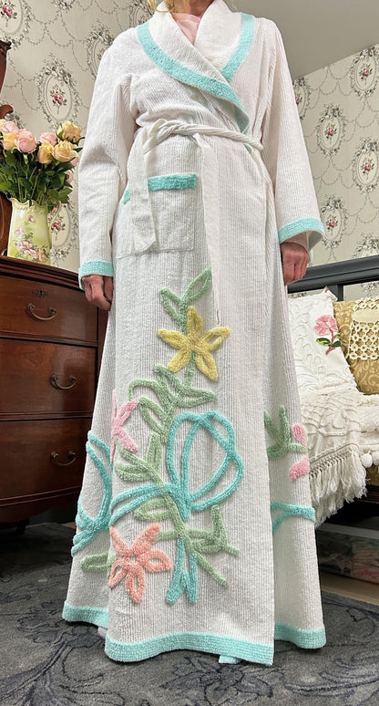 Vintage Chenille Robe White with Aqua Floral Tufting, Full Length Women’s S Bathrobe