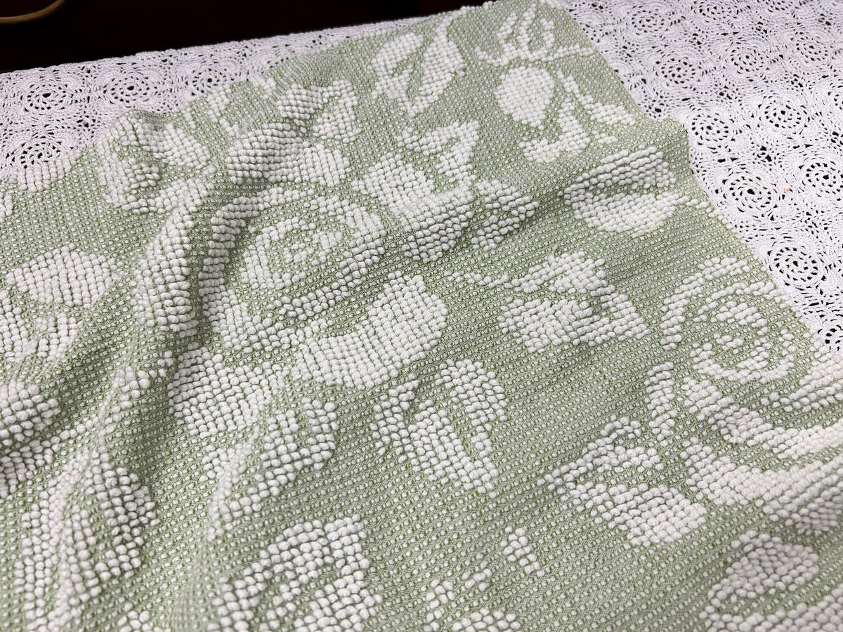 Vintage Sage Green Chenille Fabric, White Cabbage Rose 25x30" Pc