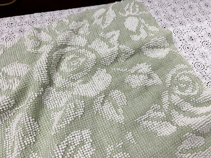 Vintage Sage Green Chenille Fabric, White Cabbage Rose 25x30" Pc