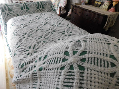 elegant evergreen vintage chenille bedspread, white geometric tufting, full size cotton bedding