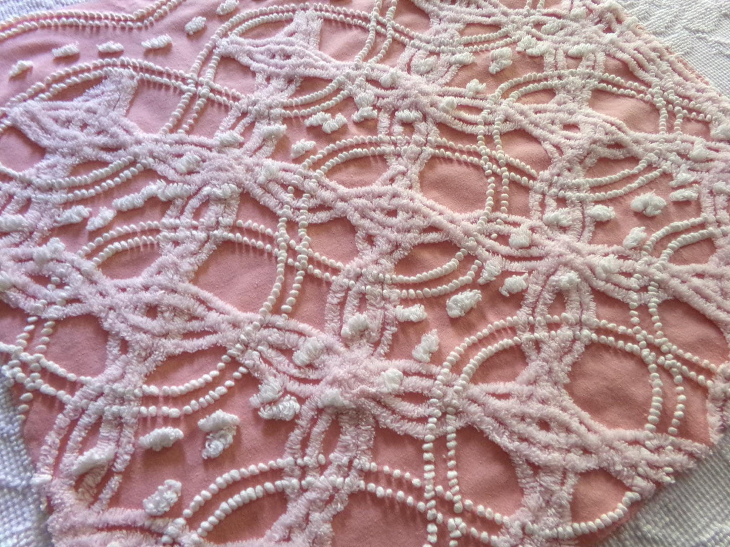rose pink vintage chenille fabric, infinity links & pearl pops design 21" x 22"