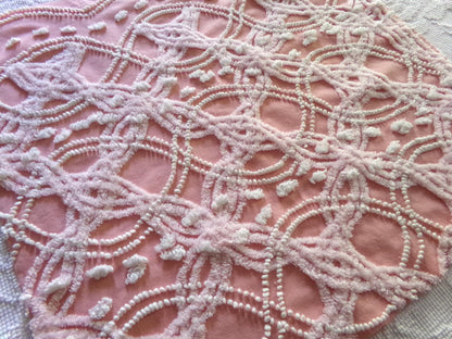 rose pink vintage chenille fabric, infinity links & pearl pops design 21" x 22"