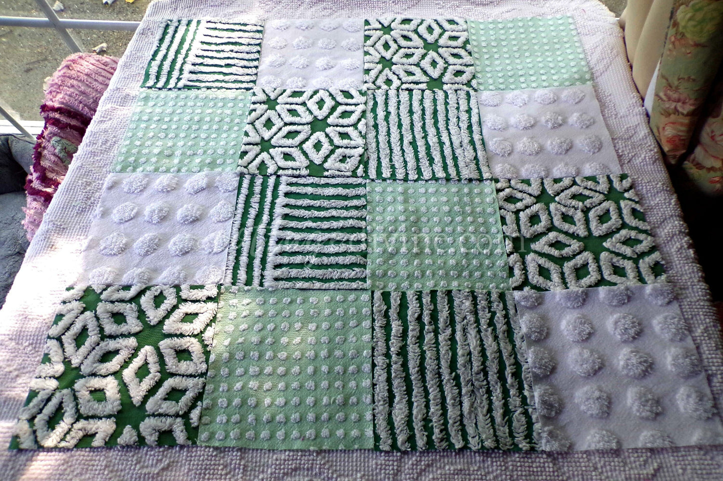 Lucky Star Quilt Squares Set, Rotary Cut from Vintage Chenille Bedspread Fabric, 16 Blocks, 6" x 6" inch, Green & White