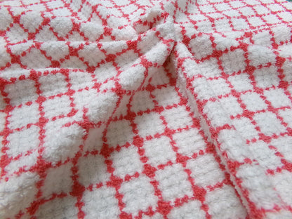 vintage chenille bedspread fabric, small red & white plaid pattern, 19" x 24" cut piece for xmas stockings, Christmas quilts