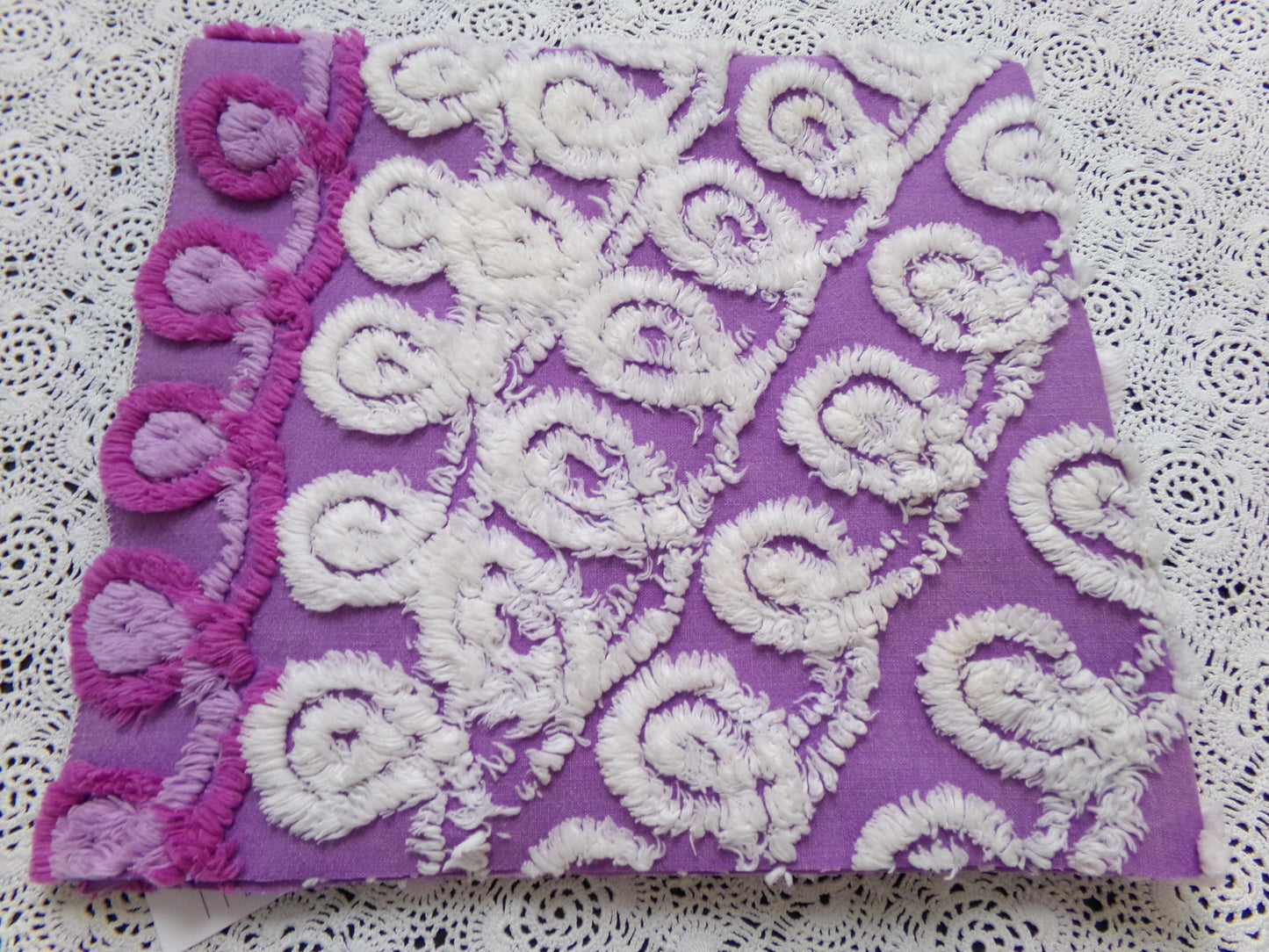 Shabby Purple & White Vintage Chenille Fabric 18 x 20" Curlicue Geometric Boho Quilt Sewing Material
