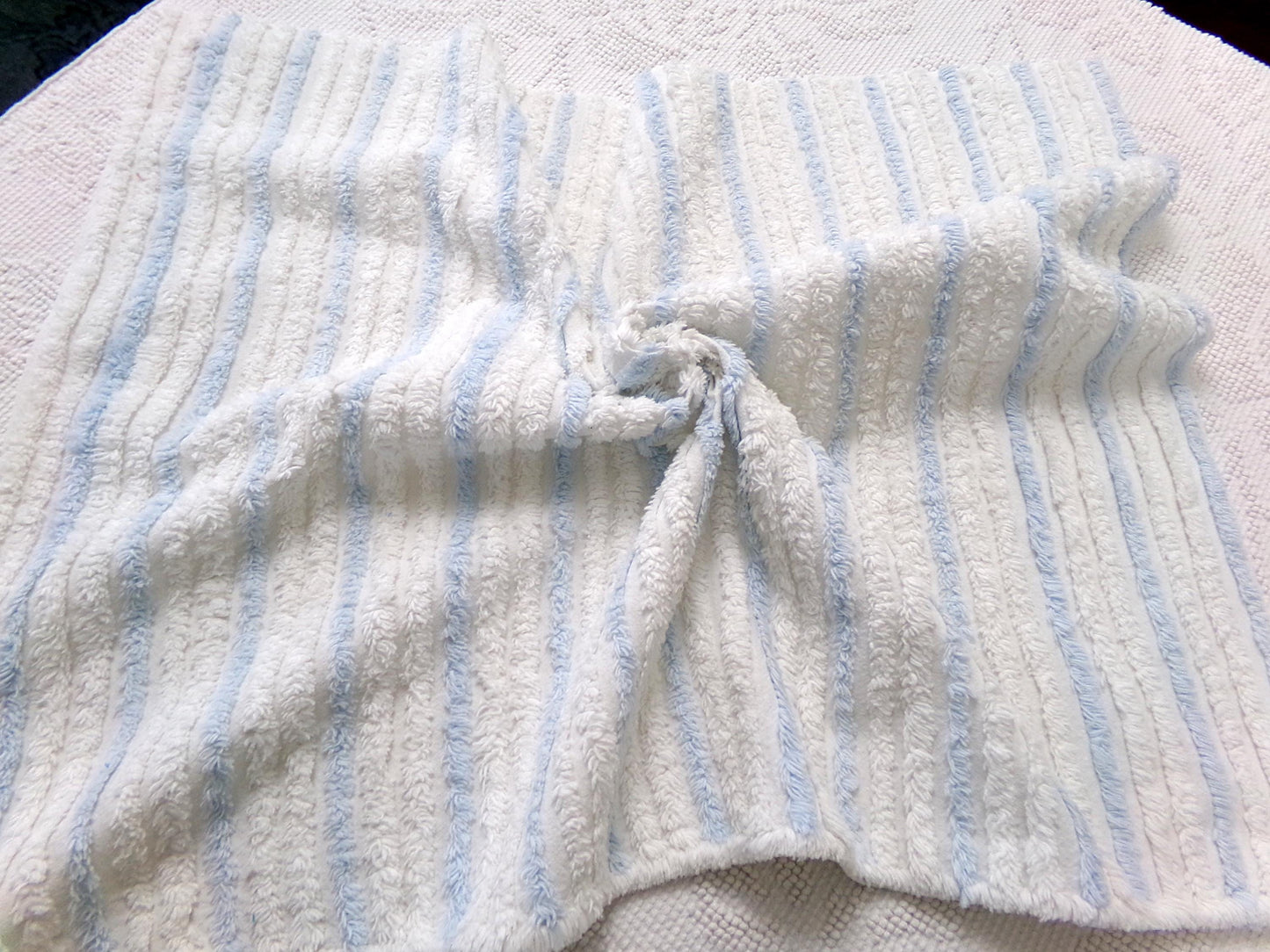 simple blue & white striped vintage chenille bedspread fabric, versatile sewing material 17" x 24"