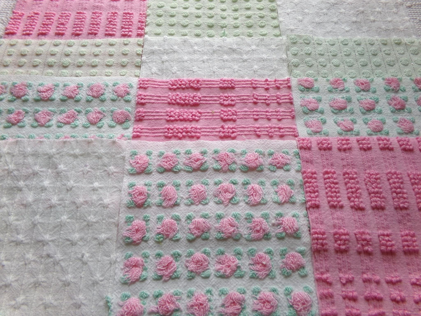 fairy girl pinks chenille fabric squares, set of 12 vintage 6" quilt blocks in crafty girl's dozen, popular squiggles, rosebud, dots