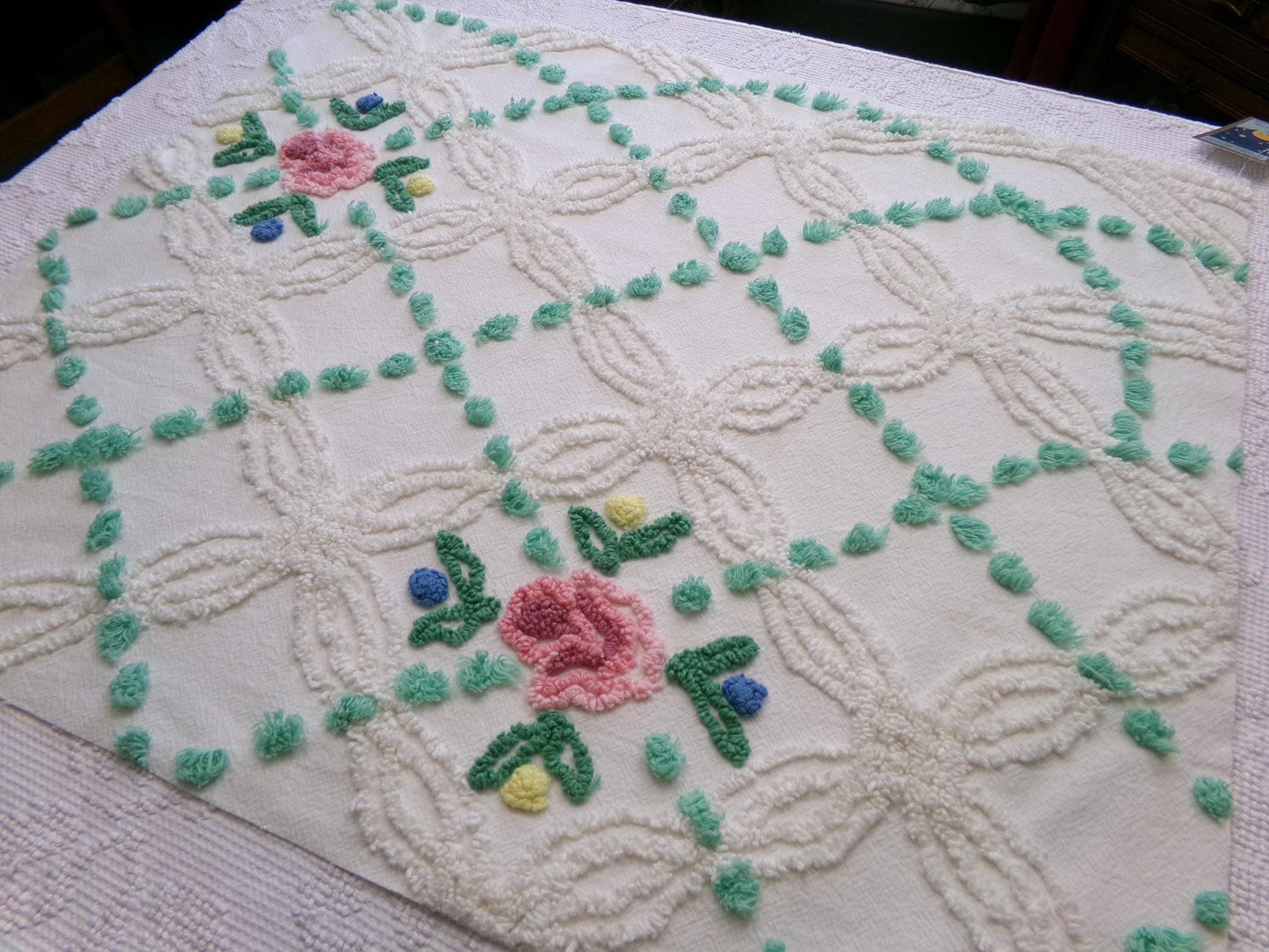 vintage chenille bedspread fabric cottage style pink rose jade green pops 26x22"