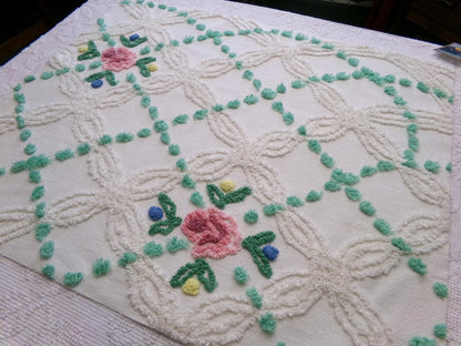 vintage chenille bedspread fabric cottage style pink rose jade green pops 26x22"