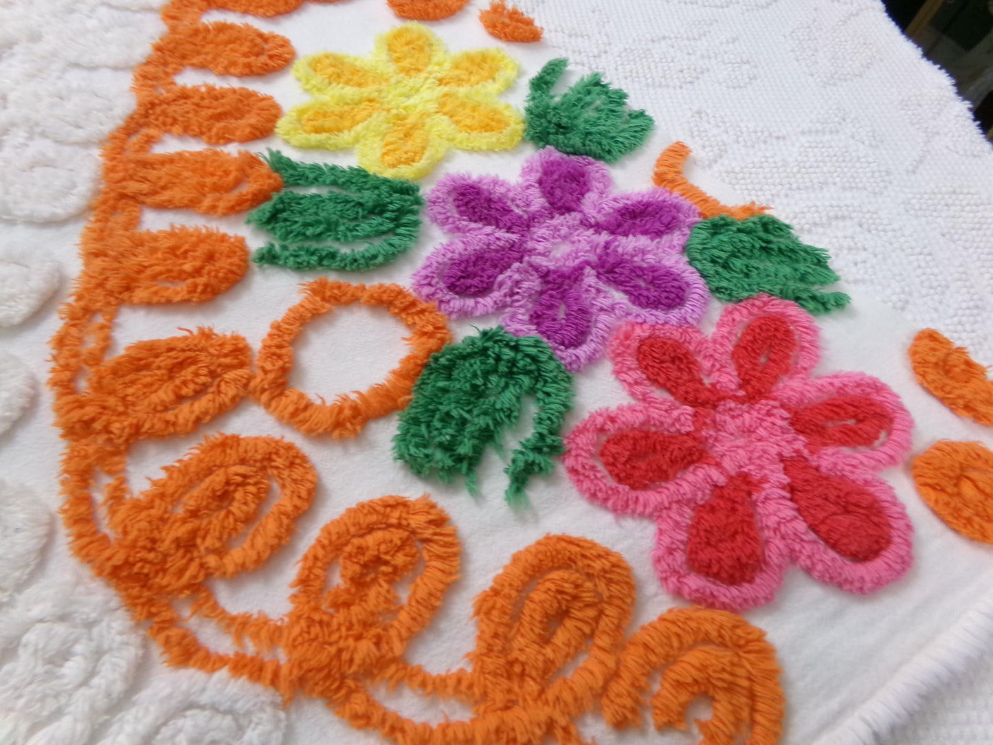 orange & white vintage chenille bedspread fabric, abstract swirl floral design, 25" x 23"