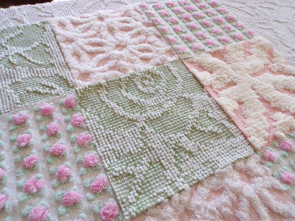 flower nymph chenille fabric squares, pink rosebuds, white daisy, sage green, 16 vintage 6" x 6" quilt squares for sewing & crafts