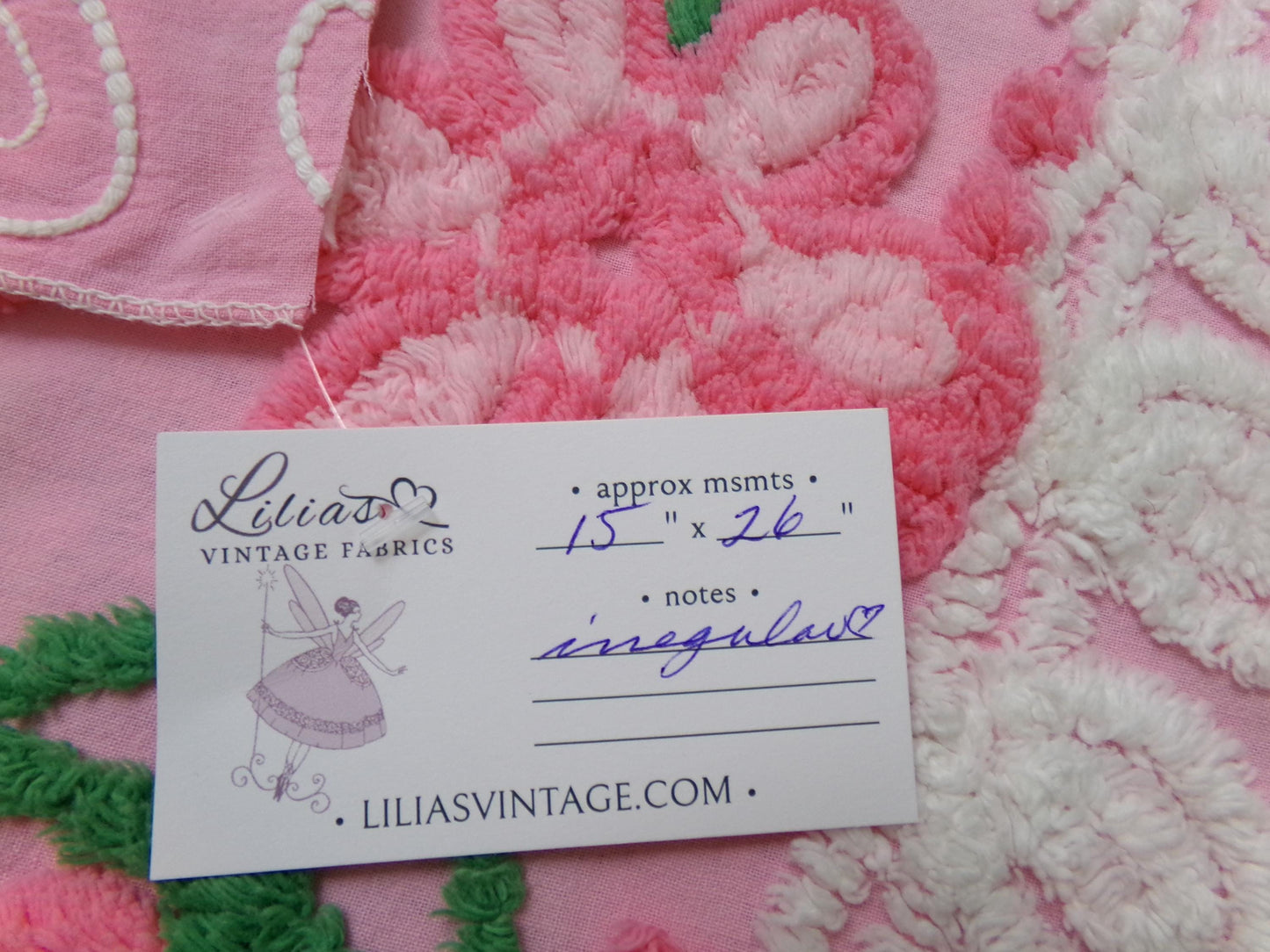 Peeking Pink Flowers Vintage Chenille Bedspread Fabric, 15" x 26" piece