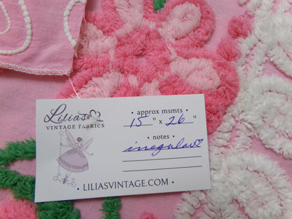Peeking Pink Flowers Vintage Chenille Bedspread Fabric, 15" x 26" piece