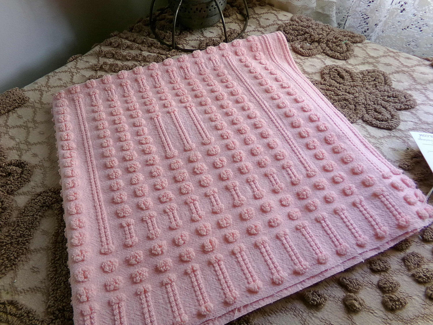 Unique Windowpane Pops Vintage Chenille Fabric, 22" x 22" Piece, Texture Tuft Popcorn Dots & Dashes in Rosy Pink