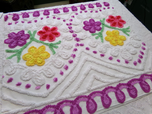 colorful vintage chenille fabric: rainbow flowers on white cotton, 23" x 25" piece for arts & crafts