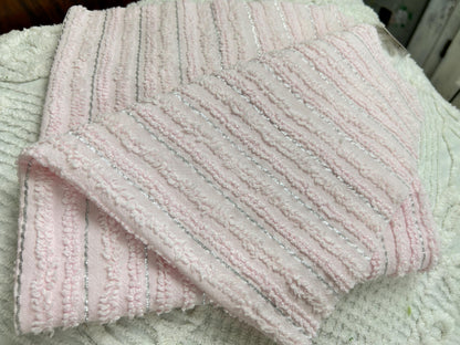 Light Pink Vintage Chenille Fabric, Silver Shimmer Stripes, 22x24"