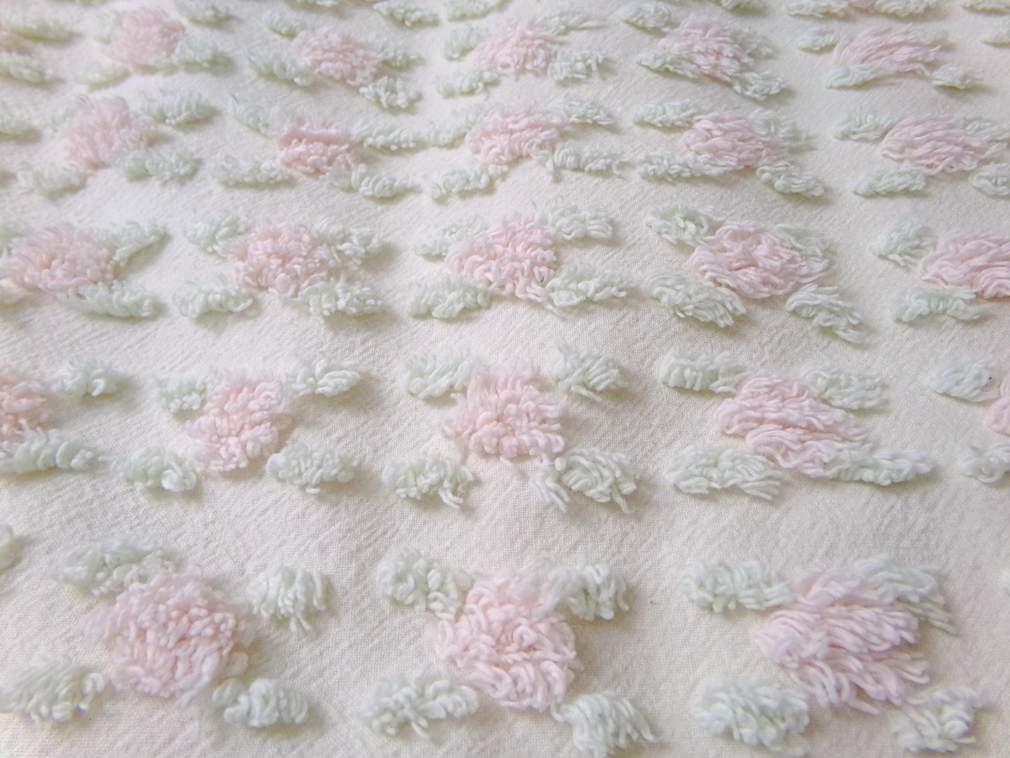 Creamy Vanilla Pink Rosebud Vintage Chenille Bedspread Fabric, 18 x 24"