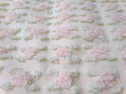 Creamy Vanilla Pink Rosebud Vintage Chenille Bedspread Fabric, 18 x 24"